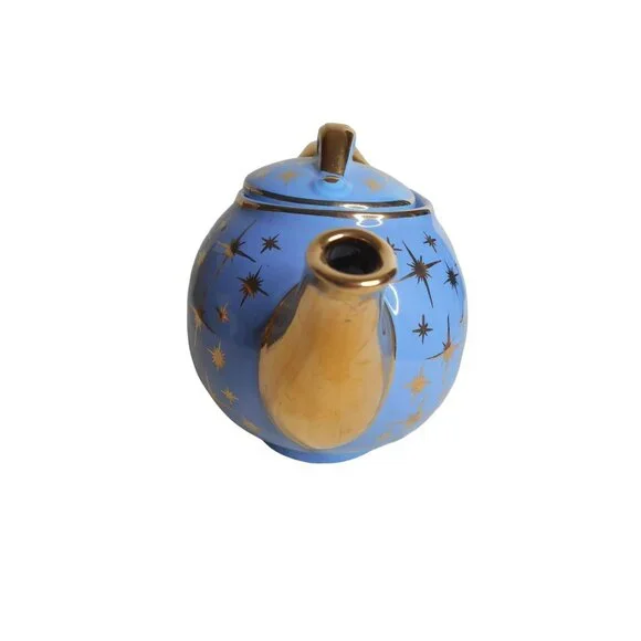 EUC VTG 1950s Hall Periwinkle Blue & Gold Atomic Starburst 6 cup Teapot 0749GL - Picture 4 of 8